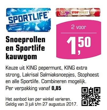 Aanbiedingen Snoeprollen en sportlife kauwgom - Huismerk - Primera - Geldig van 03/07/2017 tot 27/08/2017 bij Primera
