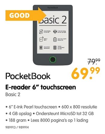 Aanbiedingen Pocketbook e-reader touchscreen basic 2 - Pocketbook - Geldig van 22/06/2017 tot 09/07/2017 bij MyCom