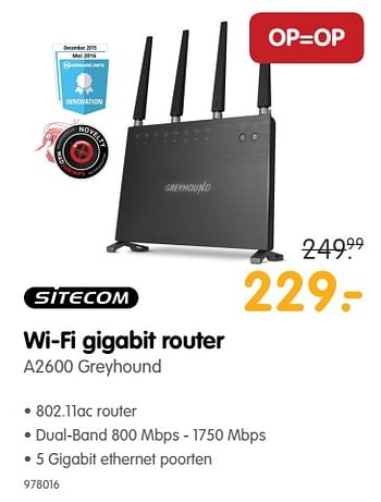 Aanbiedingen Sitecom wi-fi gigabit router a2600 greyhound - Sitecom - Geldig van 22/06/2017 tot 09/07/2017 bij MyCom