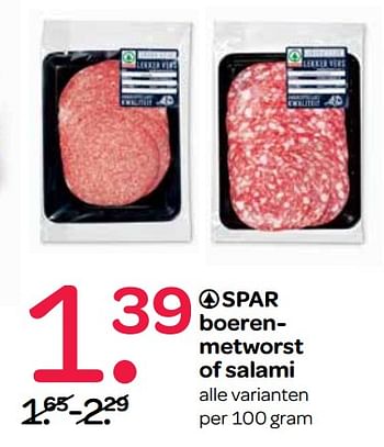 Aanbiedingen Boerenmetworst of salami - Spar - Geldig van 27/06/2017 tot 12/07/2017 bij Spar