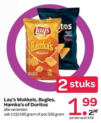 Aanbiedingen Lay`s wokkels, bugles, hamka`s of doritos - Lay's - Geldig van 27/06/2017 tot 12/07/2017 bij Spar