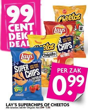 Aanbiedingen Lay`s superchips of cheetos - Lay's - Geldig van 02/07/2017 tot 08/07/2017 bij Deka Markt