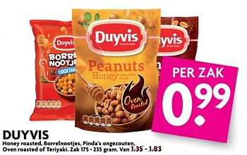 Aanbiedingen Duyvis honey roasted, borrelnootjes, pinda`s ongezouten - Duyvis - Geldig van 02/07/2017 tot 08/07/2017 bij Deka Markt