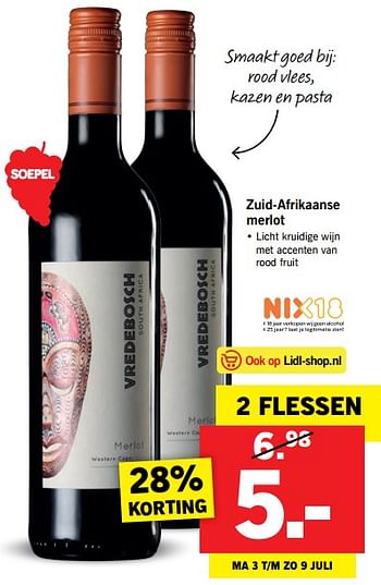 Aanbiedingen Zuid-afrikaanse merlot - Rode wijnen - Geldig van 02/07/2017 tot 09/07/2017 bij Lidl