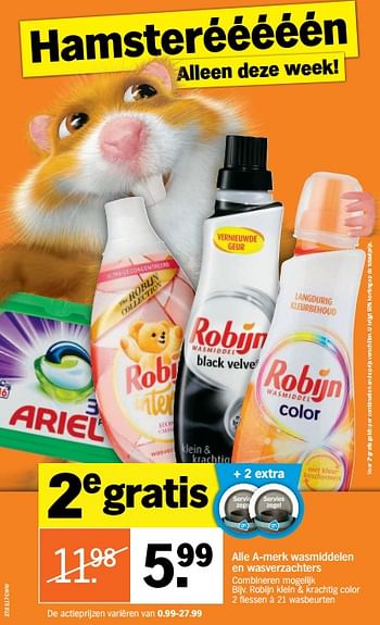 Aanbiedingen A-merk wasmiddelen en wasverzachters - Robijn - Geldig van 03/07/2017 tot 09/07/2017 bij Albert Heijn