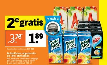 Aanbiedingen Dubbelfrisss, appelsientje en taksi drinkpakjes - Dubbelfrisss - Geldig van 03/07/2017 tot 09/07/2017 bij Albert Heijn