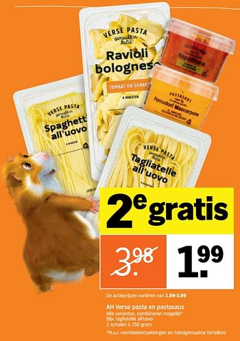 Aanbiedingen Verse pasta en pastasaus - Huismerk - Albert Heijn - Geldig van 03/07/2017 tot 09/07/2017 bij Albert Heijn