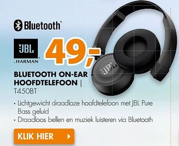 Aanbiedingen Jbl bluetooth on-ear hoofdtelefoon t450bt - JBL - Geldig van 03/07/2017 tot 09/07/2017 bij Expert