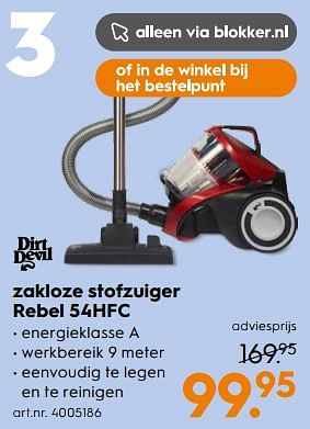 Aanbiedingen Dirt devil zakloze stofzuiger rebel 54hfc - Dirt devil - Geldig van 01/07/2017 tot 12/07/2017 bij Blokker