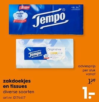 Aanbiedingen Zakdoekjes en tissues - Tempo - Geldig van 01/07/2017 tot 12/07/2017 bij Blokker