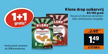 Aanbiedingen Klene drop suikervrij - Klene - Geldig van 04/07/2017 tot 16/07/2017 bij Trekpleister