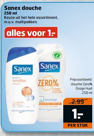 Aanbiedingen Sanex douche zero% droge huid - Sanex - Geldig van 04/07/2017 tot 16/07/2017 bij Trekpleister