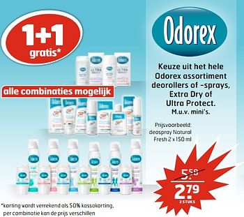 Aanbiedingen Deospray natural fresh - Odorex - Geldig van 04/07/2017 tot 16/07/2017 bij Trekpleister