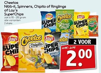 Aanbiedingen Cheetos nibb-lt, spinners, chlpito of ringlings of lay`s superchips - Huismerk - Agrimarkt - Geldig van 04/07/2017 tot 09/07/2017 bij Agrimarkt