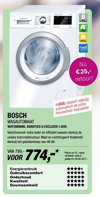 Aanbiedingen Bosch wasautomaat wat28690nl avantixx 6 exclusiv i-dos - Bosch - Geldig van 04/07/2017 tot 09/07/2017 bij Electro World