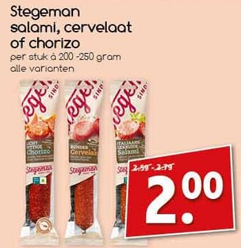 Aanbiedingen Stegeman salami, cervelaat of chorizo - Stegeman - Geldig van 04/07/2017 tot 09/07/2017 bij Agrimarkt