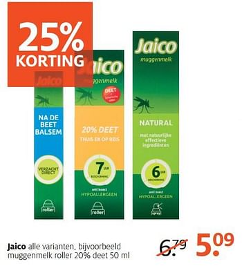 Aanbiedingen Jaico alle varianten, bijvoorbeeld muggenmelk roller 20% deet - Jaico - Geldig van 03/07/2017 tot 16/07/2017 bij Etos