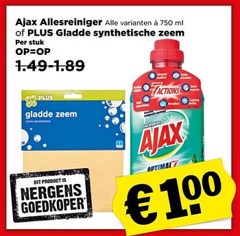 Aanbiedingen Ajax allesreiniger of plus gladde synthetische zeem - Ajax - Geldig van 09/07/2017 tot 15/07/2017 bij Plus