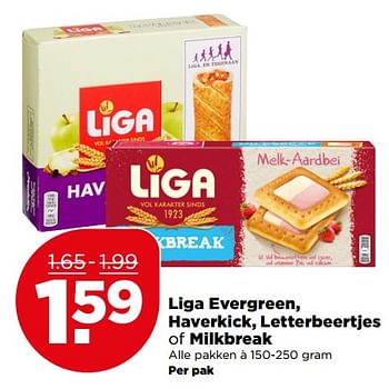 Aanbiedingen Liga evergreen, haverkick, letterbeertjes of milkbreak - Liga - Geldig van 09/07/2017 tot 15/07/2017 bij Plus