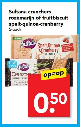 Aanbiedingen Sultana crunchers rozemarijn of fruitbiscuit spelt-quinoa-cranberry - Sultana - Geldig van 09/07/2017 tot 15/07/2017 bij Deen Supermarkten