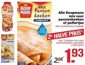 Aanbiedingen Alle koopmans mix voor pannenkoeken of poffertjes - Koopmans - Geldig van 10/07/2017 tot 16/07/2017 bij Coop