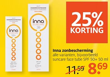 Aanbiedingen Suncare face tube spf 50+ - Inna Suncare - Geldig van 10/07/2017 tot 16/07/2017 bij Etos