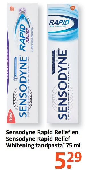 Aanbiedingen Sensodyne rapid relief en sensodyne rapid relief whiteningtandpasta - Sensodyne - Geldig van 10/07/2017 tot 16/07/2017 bij Etos