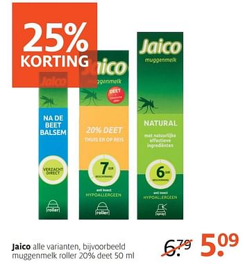 Aanbiedingen Muggenmelk roller 20% deet - Jaico - Geldig van 10/07/2017 tot 16/07/2017 bij Etos