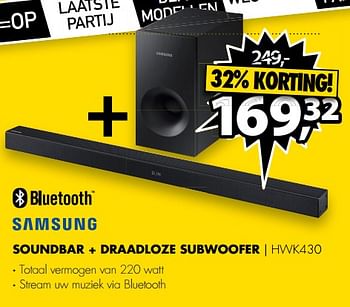 Aanbiedingen Samsung soundbar + draadloze subwoofer hwk430 - Samsung - Geldig van 10/07/2017 tot 16/07/2017 bij Expert