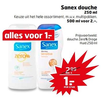 Aanbiedingen Douche zero% droge huid - Sanex - Geldig van 11/07/2017 tot 16/07/2017 bij Trekpleister