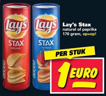 Aanbiedingen Lay`s stax naturel of paprika - Lay's - Geldig van 11/07/2017 tot 16/07/2017 bij Nettorama