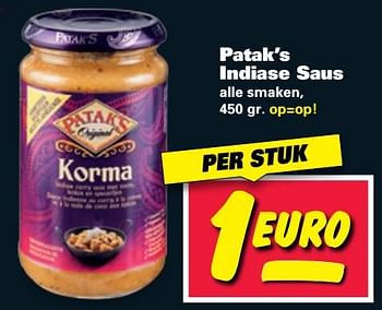 Aanbiedingen Patak`s indiase saus - Patak’s - Geldig van 11/07/2017 tot 16/07/2017 bij Nettorama