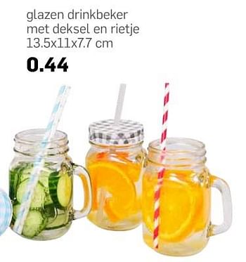 Aanbiedingen Glazen drinkbeker met deksel en rietje - Huismerk - Action - Geldig van 12/07/2017 tot 18/07/2017 bij Action