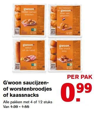 Aanbiedingen G`woon saucijzenof worstenbroodjes of kaassnacks - Gâ€™woon - Geldig van 12/07/2017 tot 18/07/2017 bij Hoogvliet