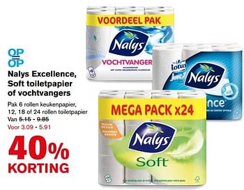 Aanbiedingen Nalys excellence, soft toiletpapier of vochtvangers - Nalys - Geldig van 12/07/2017 tot 18/07/2017 bij Hoogvliet