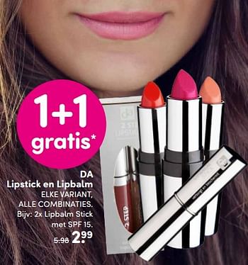 Aanbiedingen Da lipstick en lipbalm stick met spf 15 - Huismerk - da - Geldig van 10/07/2017 tot 23/07/2017 bij da