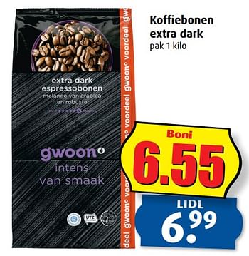 Aanbiedingen Koffiebonen extra dark - Gâ€™woon - Geldig van 12/07/2017 tot 18/07/2017 bij Boni Supermarkt