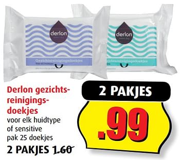 Aanbiedingen Derlon gezichtsreinigingsdoekjes - Derlon - Geldig van 12/07/2017 tot 18/07/2017 bij Boni Supermarkt