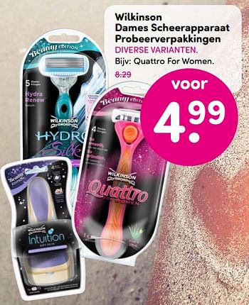 Aanbiedingen Wilkinson dames scheerapparaat probeerverpakkingen quattro for women - Wilkinson - Geldig van 10/07/2017 tot 23/07/2017 bij da