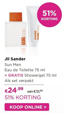 Aanbiedingen Jil sander sun men eau de toilette 75 ml + gratis showergel 75 ml als set verpakt - Jil Sander - Geldig van 11/07/2017 tot 30/07/2017 bij Ici Paris XL