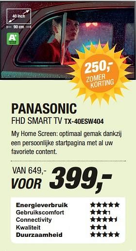 Aanbiedingen Panasonic fhd smart tv tx-40esw404 - Panasonic - Geldig van 13/07/2017 tot 24/07/2017 bij Electro World