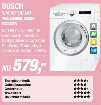 Aanbiedingen Bosch wasautomaat wan28090nl serie4 exclusiv - Bosch - Geldig van 13/07/2017 tot 24/07/2017 bij Electro World