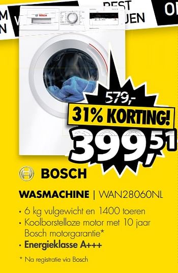 Aanbiedingen Bosch wasmachine wan28060nl - Bosch - Geldig van 15/07/2017 tot 23/07/2017 bij Expert