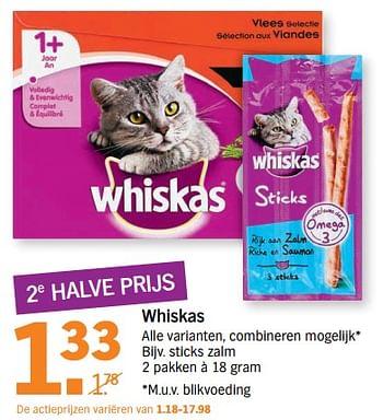 Aanbiedingen Sticks zalm - Whiskas - Geldig van 15/07/2017 tot 22/07/2017 bij Albert Heijn