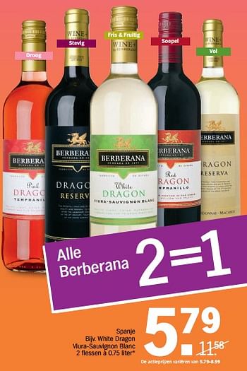 Aanbiedingen Spanje white dragon viura-sauvignon blanc - Witte wijnen - Geldig van 15/07/2017 tot 22/07/2017 bij Albert Heijn