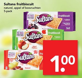 Aanbiedingen Sultana fruitbiscuit naturel, appel of bosvruchten - Sultana - Geldig van 16/07/2017 tot 22/07/2017 bij Deen Supermarkten