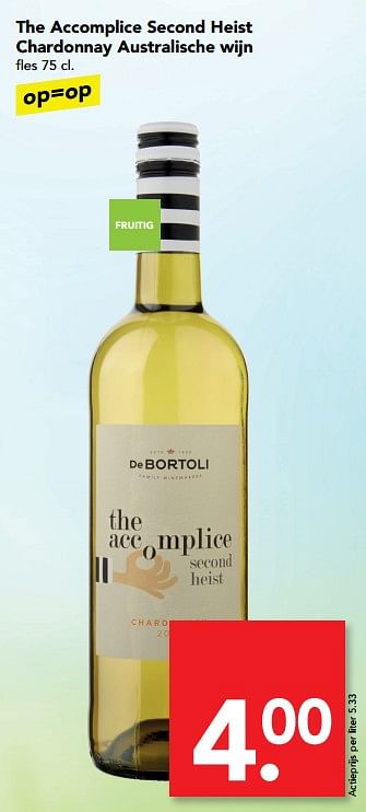 Aanbiedingen The accomplice second heist chardonnay australische wijn - Witte wijnen - Geldig van 16/07/2017 tot 22/07/2017 bij Deen Supermarkten