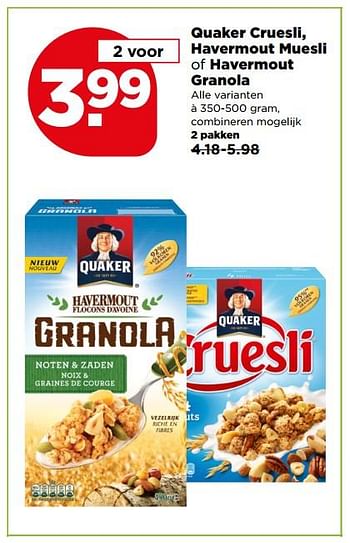 Aanbiedingen Quaker cruesli, havermout muesli of havermout granola - Quaker - Geldig van 16/07/2017 tot 22/07/2017 bij Plus