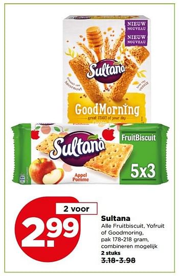 Aanbiedingen Sultana alle fruitbiscuit, yofruit of goodmoring - Sultana - Geldig van 16/07/2017 tot 22/07/2017 bij Plus