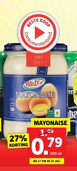 Aanbiedingen Mayonaise - Vita D'or - Geldig van 17/07/2017 tot 23/07/2017 bij Lidl